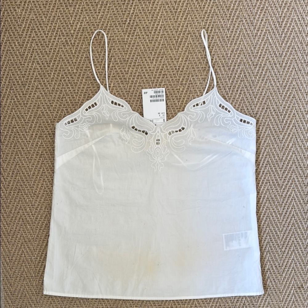 H&M White Embroidered Lace Trim Camisole Top